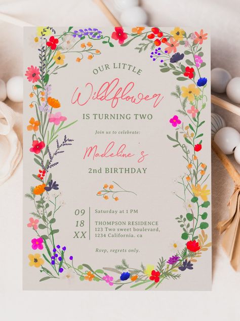 Modern chic boho bright wild flowers 2nd birthday invitation Add a touch of bohemian elegance to your baby milestone, 2nd birthday with our Modern Chic Boho Bright Elegant Colorful wild flowers second birthday Invitation. Featuring pink, red, green, and purple hues botanical flowers inspired by wildflowers and watercolor rustic gardens with subtle greenery and modern boho script typography #birthday #happybirthday #birthdaycards #birthdayparty #2ndbirthday #boho #flowers #floral #wildflower Initials Wedding Invitation, Wildflower Birthday Party, Flower Birthday Invitations, Elegant Birthday Invitations, Colorful Invitations, Modern Birthday, Bright Boho, 2nd Birthday Invitations, Boho Garden