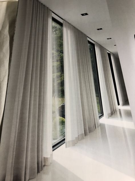 Lux Curtains, Ceiling Track Curtains Living Room, Hotel Curtains Living Room, Double Height Living Room Curtains, Curtains Hotel Style, High Ceiling Living Room Curtains & Drapes, Inverted Pleat Sheer Curtains, Curtain Installation, Interior Windows