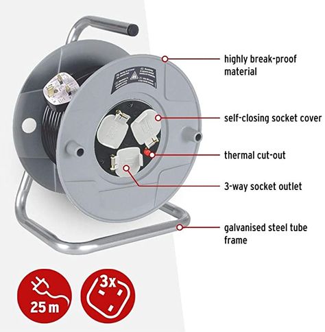 Brennenstuhl Standard 3-way socket cable reel (25m extension cord), cable drum with thermal cut-out protection, MADE IN GERMANY, cable colour: black: Amazon.co.uk: DIY & Tools Cable Drum, Cable Reel, Extension Lead, Extension Cable, Extension Cord, Free Amazon Products, Galvanized Steel, Diy Tools, Cut Out