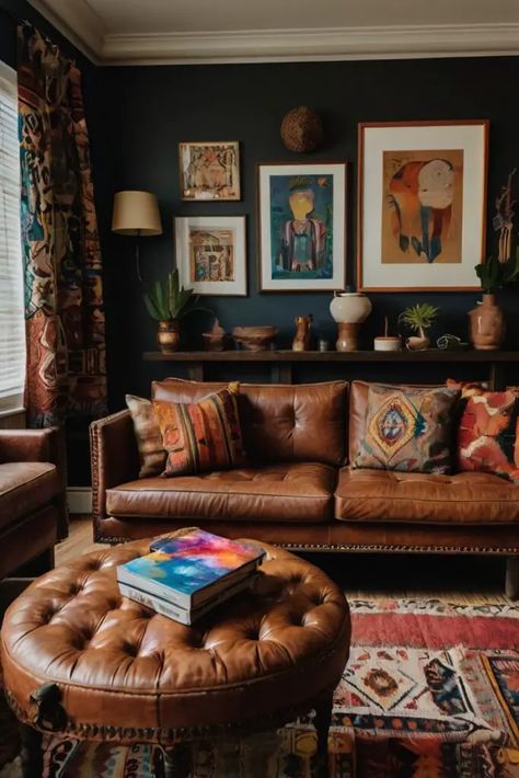 Moody Rustic Living Room, Boho Living Room Designs, Sicilian Kitchen, Vintage Eclectic Living Room, Chocolate Brown Couch, Eclectic Seating, Moody Rustic, Dark Boho Living Room, Living Room Design Boho