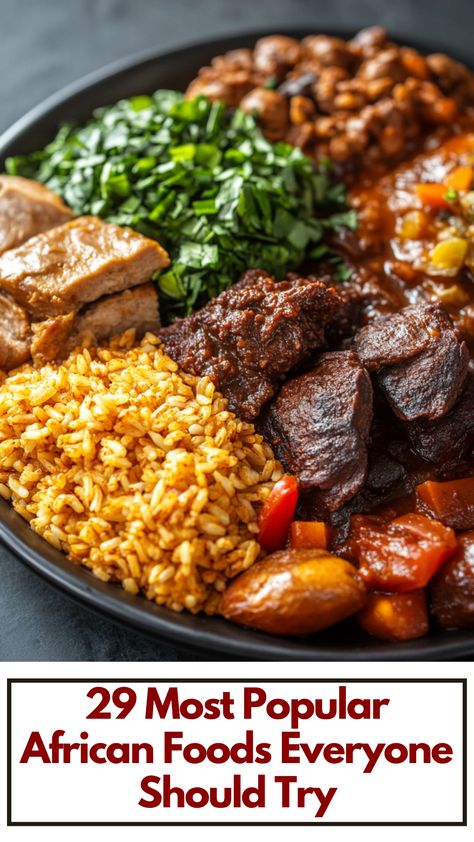 A plate of popular African foods including spicy stews, grains, and vibrant side dishes, showcasing the bold and flavorful cuisine from different regions of Africa. Food From Africa, Zimbabwe Food Recipes, African Cuisine Recipes, African Vegetables, East African Food, Zimbabwe Food, African Food Recipes, African American Food, African Recipe