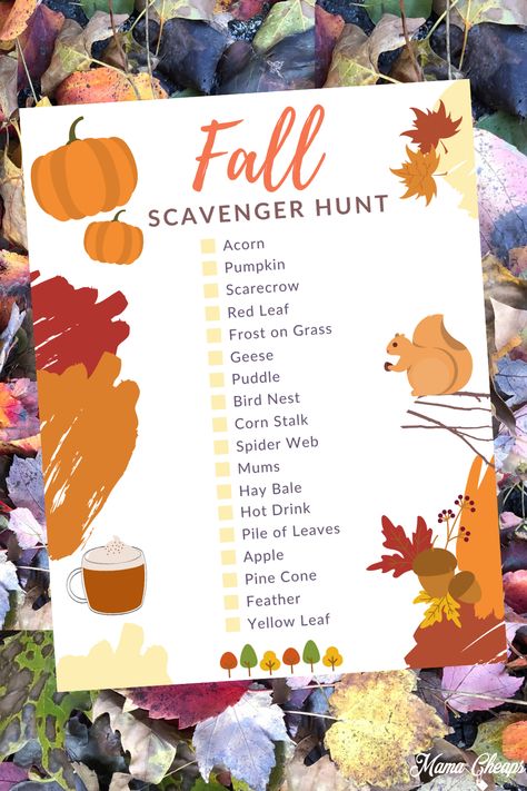 Pumpkins, acorns, hay bales, oh my! The season of fall brings with it a change in the landscape all about us! There are plants, animals and more that are specific to autumn. This is a great time to get outside with the kids and challenge them to find as many items on this scavenger hunt as possible! Head to the blog to get this free printable. Great boredom buster! #fall #diy #printable #kids #scavengerhunt #mamacheaps Fall Scavenger Hunt For Kids, Preschool Scavenger Hunt, Fall Scavenger Hunt, Scavenger Hunt Ideas, Halloween Scavenger Hunt, Photo Scavenger Hunt, Easy Fall Crafts, Scavenger Hunt For Kids, Fun Fall Activities