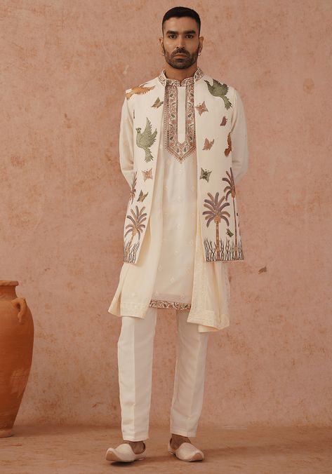 Off White Embroidered Kurta Set With Jacket Kalpraag - Fabilicious Fashion New Kurta Design For Men 2024, Wedding Dhoti Kurta For Groom, Jacket Style Kurta For Men, Mens Pithi Outfit, Ranveer Singh Indian Wear, Indian Wedding Mehendi Decoration, Indian Wedding Carnival Outfits Men, Short Kurta With Jacket For Men, Indian Wedding Kurta For Men