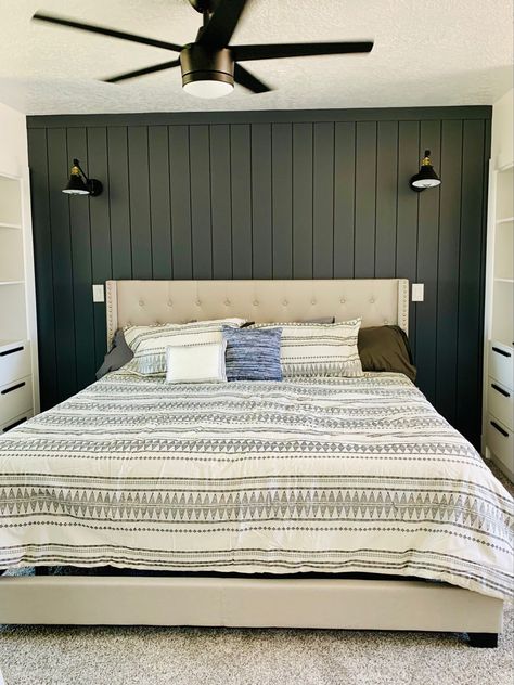 Vertical shiplap. Master bedroom remodel Wood Shiplap Bedroom Wall, Ship Lapped Bedroom Walls, Horizontal Accent Wall Bedroom, Verticle Wood Plank Wall, Black Vertical Shiplap Bedroom, Vertical Shiplap Master Bed, Vertical Shiplap Behind Bed, Black Vertical Shiplap Wall, Shiplap Sheets