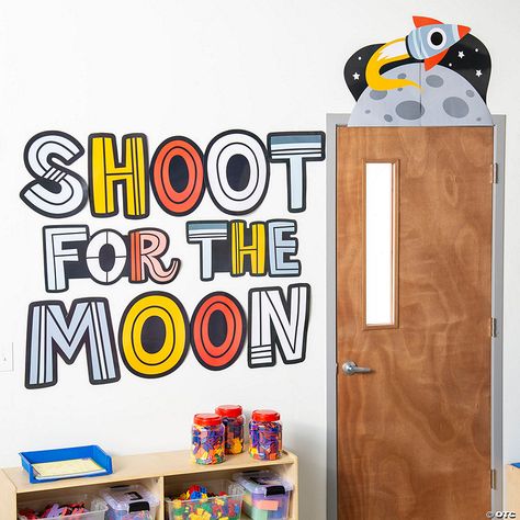 Space Classroom Door, Outer Space Classroom, Classroom Door Decorations, Door Topper, Space Classroom, Motivate Students, Shoot For The Moon, School Theme, Teaching Supplies