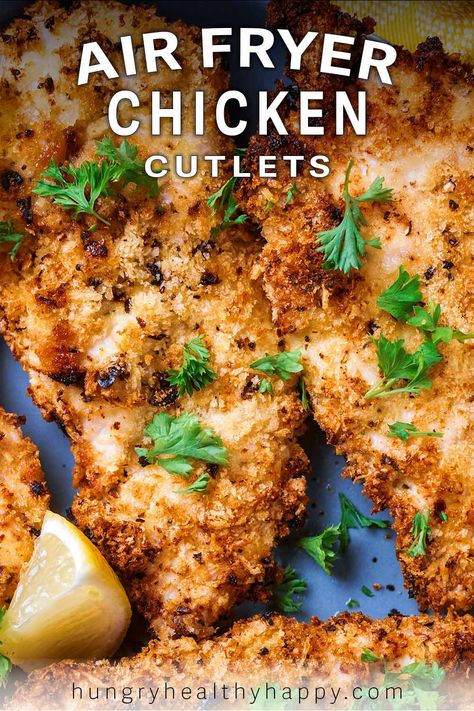 Make crispy and juicy air fryer chicken cutlets in minutes. A healthier alternative to deep frying, perfect for salads or sandwiches. Air Fried Chicken Cutlets, Chicken Cutlets Air Fryer, Air Fryer Chicken Cutlets, Homemade Tomato Pasta Sauce, Healthy Bbq Recipes, Fried Chicken Cutlets, Breaded Chicken Recipes, Breaded Chicken Cutlets, Air Fryer Chicken Tenders