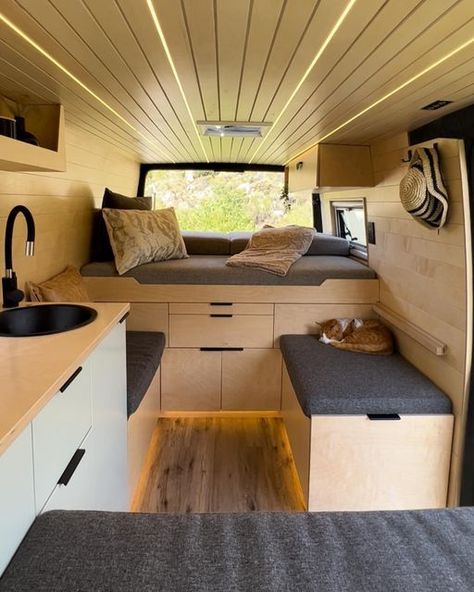 Vanlife Camper by Project Van Life on Instagram: "Introducing Echo, the latest creation from Antony and Romy at @boxedmicroliving! 🚐✨ This converted Mercedes Van camper captures the essence of South African aesthetics with its earthy tones, clean lines, and all-wood interior. It's a home on wheels perfect for exploring South Africa in style.  Check out their other page @travellingtribe_za and learn more about their van life journey.  ---  #campervanhacks #vanlifeproject #vanlifecommunity #motorhome #vanbuildseries #vanbuild #vanlifeculture #vanlifesociety #campervan #camperconversions #camperlifestyle #campervanlife  If you’re interested in learning how to build your own versatile campervan in an affordable way, click the link in our bio and check out VAN LIFE ACADEMY.  We have expert van Camper Van Kitchen Storage, Camper Van Interior Ideas, Van Inside, African Aesthetics, Hiace Camper, Self Build Campervan, Converted Vans, Motorhome Interior, Camper Build