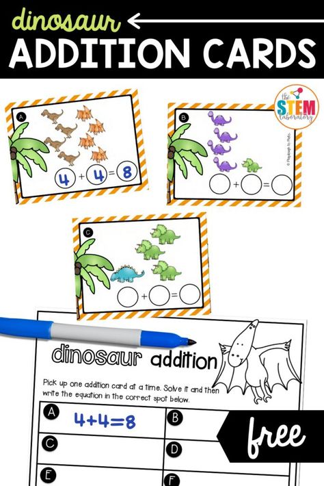 These fun dinosaur addition cards are the perfect math extension activity for a dinosaur unit! Kids will love writing number sentences to match the dinosaur pictures and teachers will love the visual math strategy practice! Perfect for math centers for kindergarten and first grade! #numbersentences #equation #addition #mathcenters #dinosaurmath Dinosaur Addition, Friendship Preschool, Dinosaurs Kindergarten, Kindergarten Stations, Free Math Centers, Dinosaur Activities Preschool, Lacing Cards, Math Centers Kindergarten, Dinosaur Activities