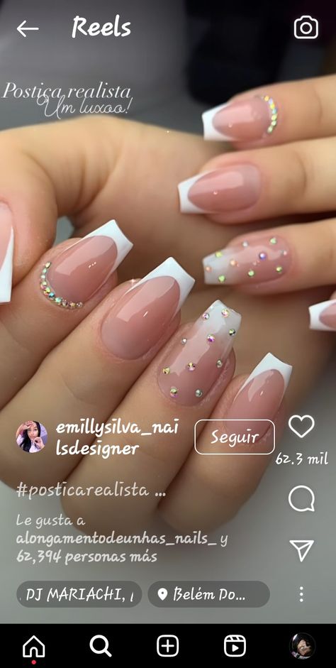 French Manicure With Diamonds, Nail Gems Ideas, French Tip With Diamonds Rhinestones, White French Tip Nails With Diamonds, Rhinestone Nails French Tips, French Tip Acrylic Nails With Gems, French Tip Nail Designs Square, French Tips With Diamonds, Diamond French Tip Nails