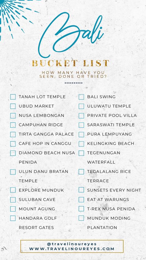 Our Bali Bucket List for this trip! Feel free to download / use / share this as your Bali Bucket List template - we just ask for credit mention and/or a tag/shout. www.travelinoureyes.com #bali #bucketlist #travelguide Bangkok Bucket List, Life Bucketlist, Bucket List Template, Voyage Quotes, Bali Bucket List, London Travel Guide, Voyage Bali, Bali Vacation, Bali Travel Guide