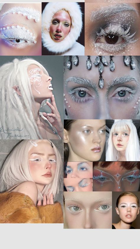 Winter make-up Winter Solstice Makeup, Snow Princess Makeup, Snow Makeup Looks, Ice Princess Makeup, Im Cold Makeup, Monochrome Rainbow, Snow Makeup, Cold Makeup, White Mascara