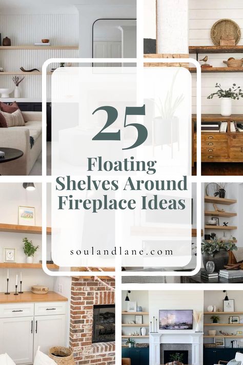 Elevate the elegance of your fireplace area with strategically placed floating shelves, creating a harmonious blend of form and function. These shelves offer a perfect solution for showcasing your treasured collections, art pieces, or even seasonal decorations, adding personal touches to the warmth of the fireplace. Discover how to select the right size, style, and finish of floating shelves to enhance your living space's aesthetic, from traditional to contemporary. Open Shelves Beside Fireplace, Family Room Open Shelving Ideas, Floating Shelves Beside Fireplace Ideas, Cabinets And Shelves Next To Fireplace, Fireplace Tv Wall Floating Shelves, Floating Shelves Flanking Fireplace, Shelves Around Fireplace Wall Shelves, Either Side Of Fireplace Decor, Fireplace Tv Wall With Floating Shelves