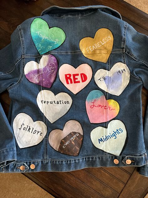 Hand painted Taylor eras inspired jean jacket!  The perfect addition to your eras outfit! Taylor Swift Inspired Jean Jacket, Eras Tour Painted Jean Jacket, Swiftie Jean Jacket, Painted Jean Jacket Diy, Eras Jean Jacket, Taylor Swift Painted Jeans, Taylor Swift Painted Jacket, Eras Tour Jacket Diy, Eras Tour Diy Outfits