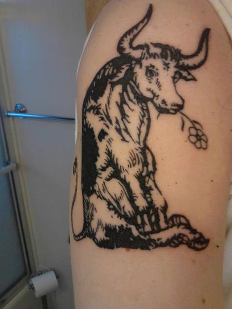 While most tank are serious, there is a small percentage who like to joke around. They are  the truly crazy tanks. Ferdinand The Bull Tattoo, Ferdinand The Bull, Bull Tattoo, Taurus Tattoo, Cow Tattoo, Minimalist Tattoo Ideas, Body Decor, Bull Tattoos, Taurus Tattoos