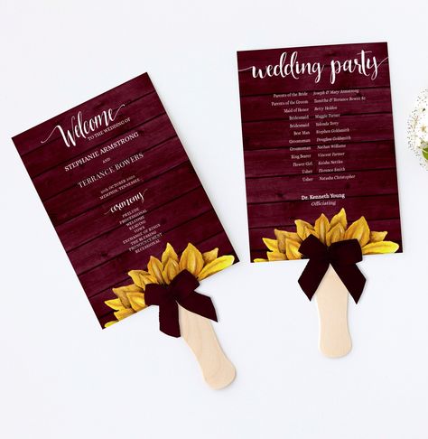 Sunflower Burgundy Wedding, Burgundy Sunflower, Country Themed Wedding, Rustic Sunflower Wedding, Wedding Fan, Sunflower Wedding Invitations, Wedding Program Fans, Country Theme Wedding, Sunflower Colors