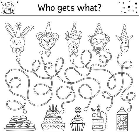 Birthday black and white maze for children. Holiday preschool printable outline educational activity. Funny line b-day party game or puzzle with cute animals and cakes. Who gets what Maze For Kindergarten Children, Birthday Worksheets For Kids, Birthday Worksheet, Ladybug Toys, Birthday Black And White, Maze Games For Kids, Mazes For Kids Printable, Printable Outline, Miraculous Ladybug Toys