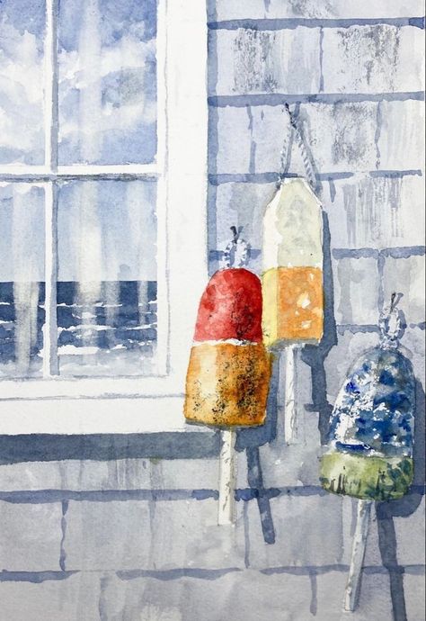 Small Watercolor Paintings, Buoys Art, Shingled House, Watercolor Studio, Still Life Landscape, Watercolor Boat, Lobster Buoys, Americana Crafts, Tree Watercolor Painting