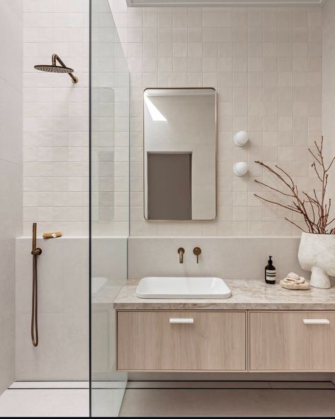 Shower And Vanity Side By Side, Taupe Tile, Brass Tapware, Small Bathroom Inspiration, Mocha Mousse, Matte Tile, Stone Look Tile, Brown Tone, Upstairs Bathrooms