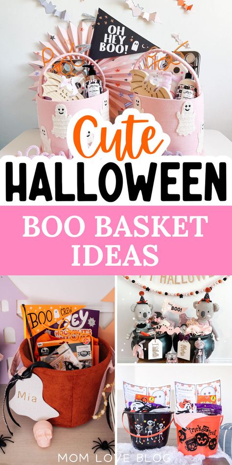 DIY Halloween boo basket ideas for kids, neighbors, and coworkers. Diy Boo Basket, Diy Halloween Basket, Boo Basket Ideas For Girlfriend, Halloween Boo Basket Ideas, Basket Filler Ideas, Cake Gift Basket, Halloween Boo Basket, Boo Basket Ideas, Halloween Gender Reveal