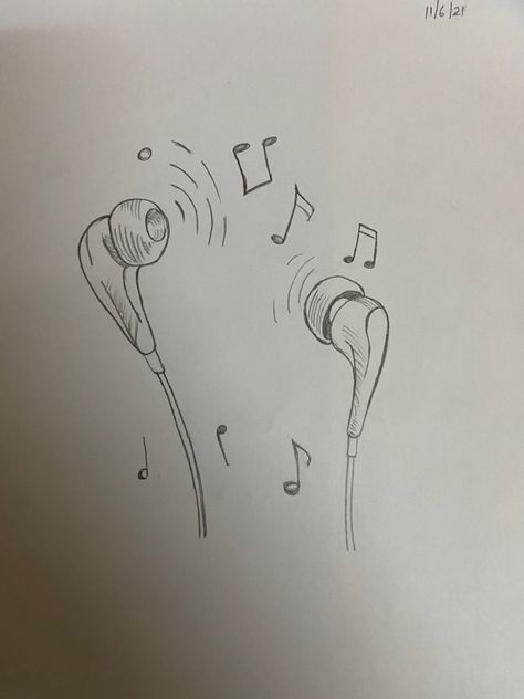 Ear Buds Drawing, Earphones Aesthetic Drawing, Earphones Sketch, Cute Aesthetic Sketches, Person Listening To Music Drawing, Earphones Drawing, Ear Doodle, Earbuds Drawing, Headphone Drawing