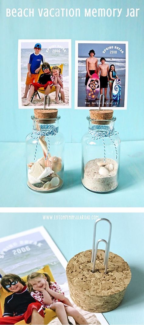 Add a little sand and some small shells or mementos to small bottles or jars to make this cute keepsake. Top with vacation photo to make it extra special. Beach Memory Jars, Memory Jars, Memory Jar, Vacation Photo, Sand Crafts, Vacation Memories, Beach Diy, Beach Crafts, Seashell Crafts