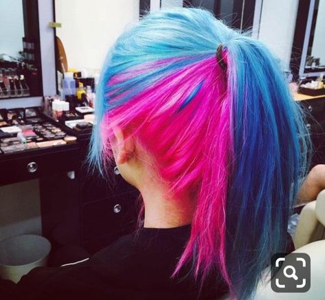 Pink And Blue Hair Half, Pinwheel Hair Dye Technique, Pink Hair Blue Underneath, Blue And Pink Split Dye, Pink Underneath Hair, Red And Blue Hair, Pink And Blue Hair, Bright Blue Hair, Blue And Pink Hair