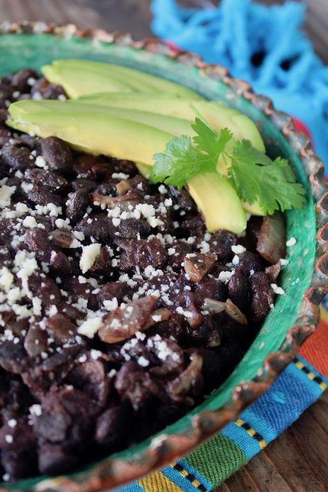 Mexican Black Beans from scratch are easy to make and great to have on hand for a delicious side dish, and for adding to all sorts of other recipes. A fine Mexican herb, Epazote, makes this recipe extra special. #blackbeans #driedbeans #epazote #Mexicanbeans Vegetarian Menu Ideas, Black Beans From Scratch, Black Beans Rice, Beans From Scratch, Salad And Fries, Mexican Black Beans, Burrito Recipes, Beans And Lentils, Bean Dishes