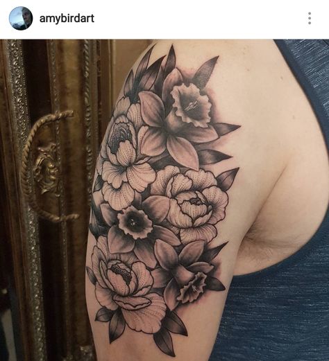 Black and grey daffodils and dotwork peony tattoo by Amy Williams Tattoo Black And Grey Daffodil Tattoo, Peony And Daffodil Tattoo, Tattoo Stippling, Arm Tattoos Cross, March Tattoo, Narcissus Tattoo, Best Flower Tattoos, Rose Flower Tattoo, Narcissus Flower Tattoos