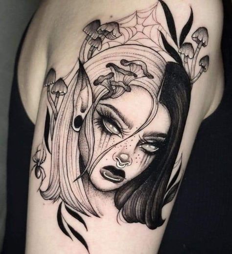 Split Personality Tattoo, Blue Rose Tattoos, Goth Tattoo, Saved Tattoo, Wicked Tattoos, Tattoos For Women Half Sleeve, Floral Tattoo Sleeve, Gothic Tattoo, Tatuaje A Color