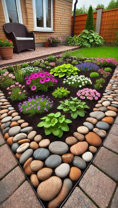 15+ Creative Stone Landscaping Designs for a Gorgeous Front Yard 53 Patio Flowers, Stone Landscaping, Small Front Yard Landscaping, Front Garden Landscape, Front Yard Garden Design, Front House Landscaping, Garden Yard Ideas, Front Yard Garden, Yard Ideas