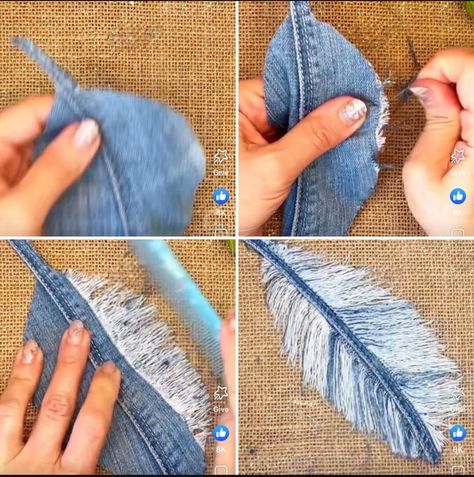 Denim Feathers, Potpourri Stovetop, Fabric Feather, Fabric Feathers, Denim Crafts Diy, Folded Fabric Ornaments, Blue Jeans Crafts, Quilted Christmas Ornaments, Christmas Potpourri