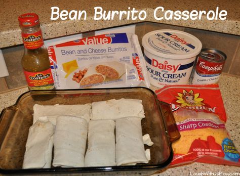 Quick and Easy Bean Burrito Casserole--Perfect for family weeknights! Frozen Beef And Bean Burritos, Frozen Burittos Casserole, Easy Frozen Burrito Casserole, Frozen Burrito Casserole Easy Recipes, Casserole With Frozen Burritos, Recipes Using Frozen Burritos, Frozen Burrito Recipe, Bean Burrito Casserole, Poor Meals