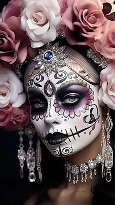 Glam Catrina Makeup, Katrina Makeup La Catrina, Purple Sugar Skull Makeup, Sugar Skull Simple Makeup, Skull Artwork Illustrations, Sugar Scull, Day Of The Dead Girl Drawing, Halloween Digital Art, Dead Makeup