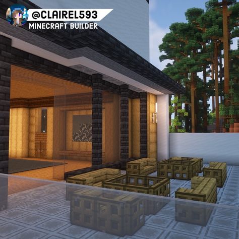 Minecraft Outdoor Patio, Minecraft Hotel Interior, Minecraft Patio Ideas, Minecraft Patio, Minecraft Hallway, Minecraft Floor Designs, Minecraft Cabin, Modern Log Cabin, Minecraft Modern