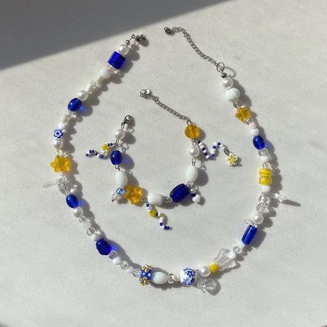 Luxury Fairycore vibes on this handmade beaded jewelry set in blue, white and yellow- offbead.store on Instagram Jewellery Ideas, Handmade Beaded Jewelry, June 2024, The Picture, Instagram A, Jewelry Set, The End, Beaded Jewelry, Blue White