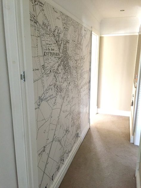 Decorating A Narrow Hallway, Narrow Hallway Decorating Ideas, Wallpaper Bedroom Feature Wall, Wallpaper Hallway, Hallway Wallpaper, Feature Wall Bedroom, Map Murals, Narrow Hallway Decorating, Feature Wallpaper