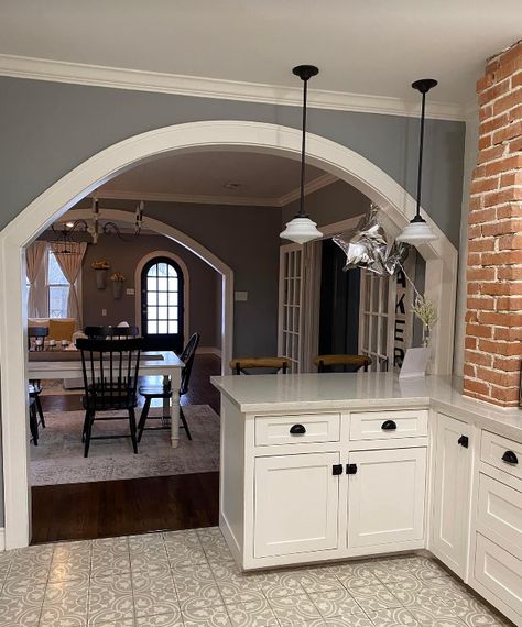 Arch Design Kitchen, Kitchen With Arch Opening, Arch Way Decor Interior, Hall To Dining Arch Design, Kitchen Archway, Kitchen Arch, Archway Decor, Wooden Sofa Set Designs, Personalized Home Decor