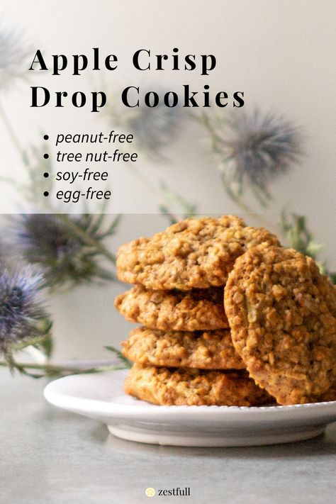 Apple Crisp Drop Cookies are peanut free, tree nut free, soy free, and egg free! Nut Free Cookies Recipes, Egg Free Cookies Recipes, Nut Free Cookies, Nut Free Desserts, Nut Free Snacks, Apple Cookie, Egg Free Cookies, Tree Nut Allergy, Drop Cookie Recipes