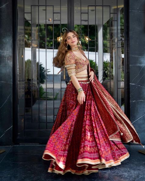 Take me to my palace🫶🏻 Wearing @taruntahiliani’s kalidar lehenga designed in ikat with embroidered borders and shell detailing. The skirt… | Instagram New Lehnga Dress Design, Kalidar Lehenga Designs, Kaudi Shell Dress, Sambalpuri Lehenga, Mehak Bakshi, Lehenga Poses Instagram, Lehangas Designs, Shell Outfit, Ikat Lehenga