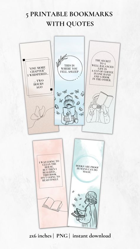 Five printable bookmark with quotes about reading and books. Each bookmark also has a simple ilustration of a girl that's reading, and buterflies. Quotes For Bookmark, Quote For Bookmark, Inspirational Quotes For Bookmarks, Printable Bookmarks With Quotes, Bookmarks With Quotes, Book Quote Bookmarks, Quotes From Books, Bookmarks Quotes, The Power Of Words