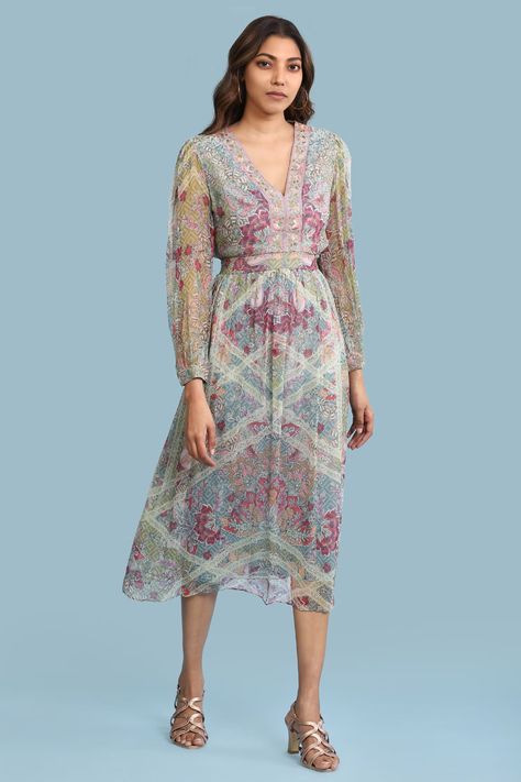 Buy Aarke Ritu Kumar Green Poly Chiffon Floral Print Midi Dress Online | Aza Fashions Ritu Kumar Dress, Ritu Kumar Collection, Ritu Kumar, Chiffon Floral, Pant Sets, Floral Print Midi Dress, Skirt Sets, Floral Chiffon, Aza Fashion