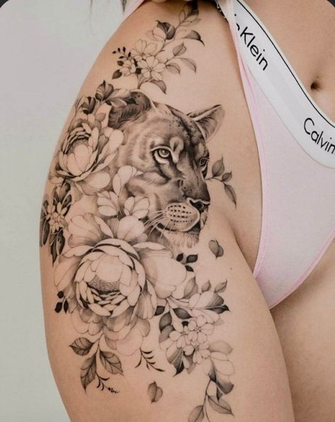 Tattoo Ideas Female Thigh Lion, Lioness Tattoo Thigh, Lioness Thigh Tattoo For Women, Bear Hip Tattoo, Lioness And Flowers Tattoo, Lion Hip Tattoos Women, Animal Tattoo Sleeve, Animal Thigh Tattoo, Lion Leg Tattoo