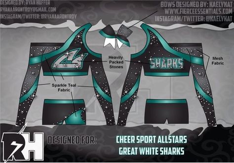 SHARKS perf. uni Great White Sharks Cheer Uniforms, Great White Sharks Cheer, All Star Cheer Uniforms, Cheer Costumes, Cheer Team Pictures, Colour Guard, Allstar Cheerleading, Cheer Uniforms, Cheerleading Stunt