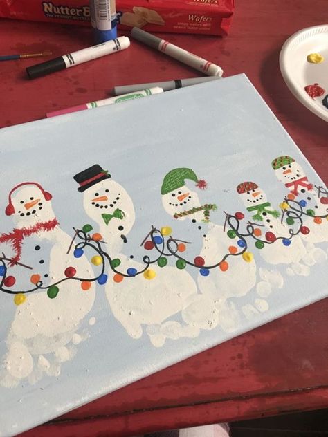 Feet Christmas Crafts, Baby Craft Christmas, Snowman Footprint Craft, Snowman Footprints, Winter Footprint Art, Christmas Feet Print Crafts, Christmas Canvas Paintings For Kids, Footprint Birthday Card, Toddler Christmas Painting