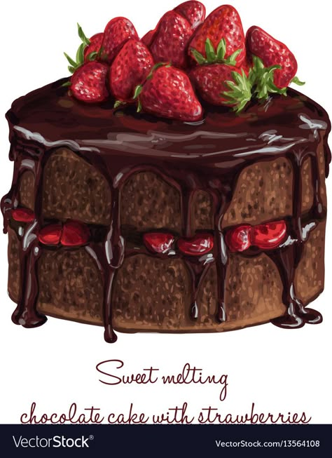 Chocolate Cake With Strawberries, Chocolate Drawing, Cake With Strawberries, Desserts Drawing, Food Art Painting, Realistic Cakes, Chocolate Strawberry Cake, Cake Vector, Dessert Illustration