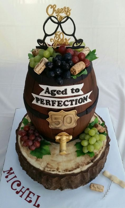 Cake 60 Years Woman, 50 Bday Cake Ideas For Women, 49 Cake Birthday, Birthday Cake For Men 50 Years, Cheers Birthday Cake, 60 Years Birthday Cake For Men, Wine Bottle Cake Ideas Birthday, Wine Barrel Cake Ideas, Birthday Cake Wine Theme