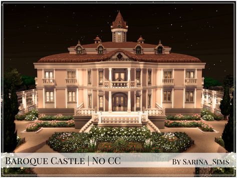 A beautiful, romantic and bright baroque castle with plenty of space for the whole family (and the butler). Found in TSR Category 'Sims 4 Residential Lots' Castles In Bloxburg, Ts4 Castle Cc, Bloxburg House Ideas Castle, Sims 4 Castle No Cc, Sims 4 Castle Interior, Sims Baroque, Castle In Bloxburg, Sims4 Castle, Bloxburg Castle Exterior