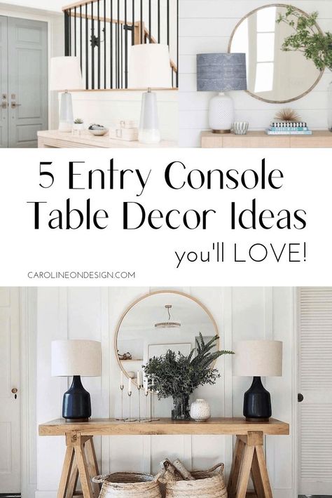 Entryway console table decorating ideas for your foyer. White trim work with a light wood table, round mirror, and lamps to decorate entryway. #consoletabledecorating #consoletableentryway Hallway Table With Mirror, Entry Table With Two Lamps, Console With Lamps, Natural Wood Console Table Entryway, Console Table With Round Mirror, 2 Lamps On Console Table, Decorate Foyer Table, Transitional Foyer Entryway, Front Entryway Table