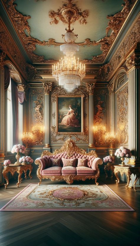 Dive into the epitome of Baroque elegance with our "Regal Opulence" series. Experience a world where every detail bursts with aristocratic luxury, from the gilded carvings of a Rococo sofa to the soft glow of a crystal chandelier. Perfect for admirers of classic European décor and timeless design. #BaroqueElegance #VintageLuxury #RegalInteriors #ClassicDecor #OpulentDesigns #AristocraticStyle #TimelessInteriors Baroque Living Room, Baroque Bedroom, Rococo Interior Design, Baroque Interior Design, Rococo Aesthetic, Baroque Chandelier, Rococo Interior, Baroque Interior, Wooden Beams Ceiling