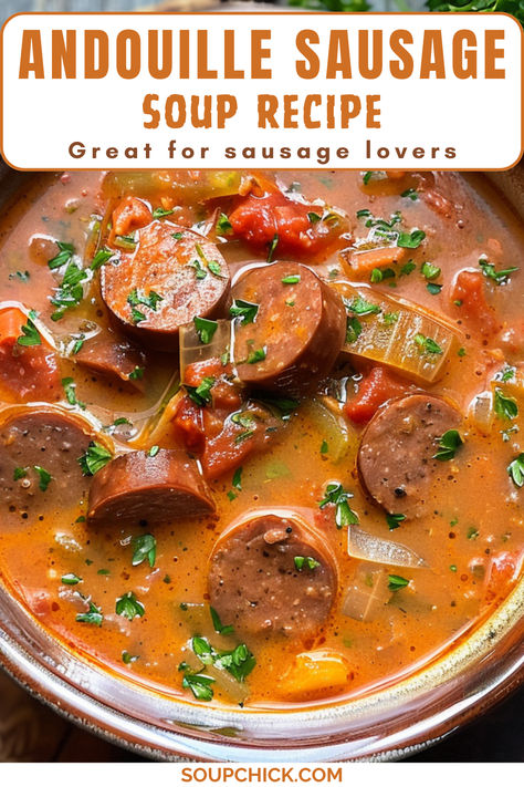 Andouille Sausage Soup Recipe Andouille Sausage Soup Recipes, Andoullie Sausage Soup, Andouille Soup Recipes, Soup With Kielbasa Sausage, Polish Sausage Soup, Andouille Soup, Soup With Andouille Sausage, Aundouie Sausage Recipes, Recipes Using Andouille Sausage